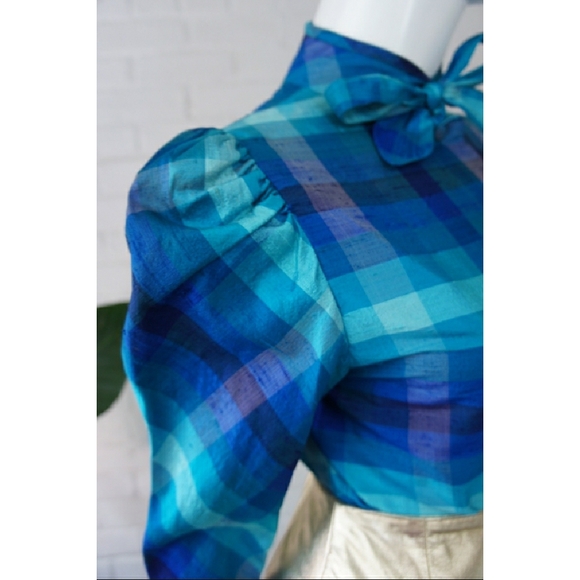 Vintage Plaid Silk Women's Top with Bow Detail - Picture 3 of 5